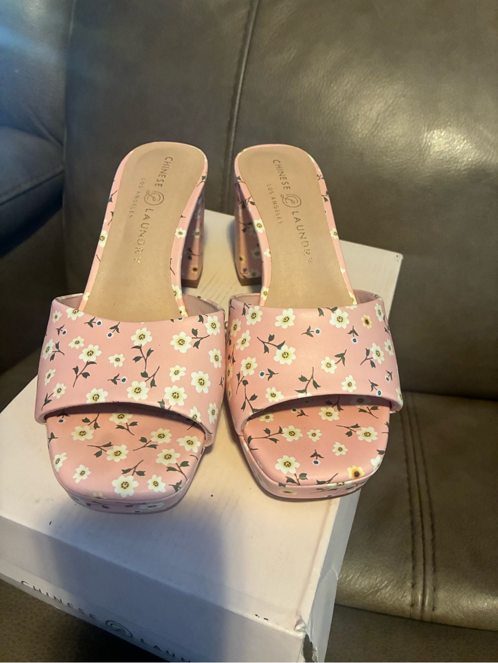 Chinese Laundry Pink Floral Block Heel Mules